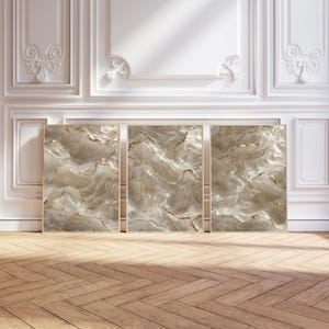 Gold Fluid Abstract Wall Art Set – Modern Neutral Beige Printable Artwork for Living Room, Elegant Digital Download Triptych