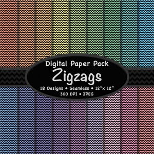 May include: A digital paper pack featuring 18 seamless zigzag designs. Each design has a unique color gradient, including shades of orange, yellow, green, blue, purple, and pink. The paper is 12" x 12" and 300 DPI. The text "Zigzags" is displayed.