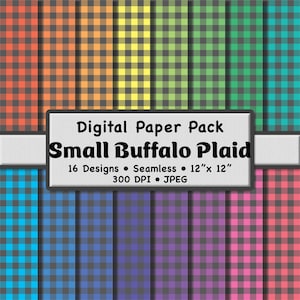 May include: A digital paper pack with 16 seamless small buffalo plaid designs in various colours. The patterns include red, orange, yellow, green, blue, and purple. Each design is 30.48 cm x 30.48 cm and 300 DPI.