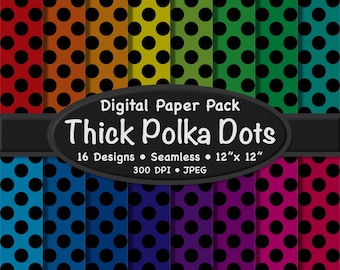 16 Black and Dark Rainbow Color Thick Polka Dots: Seamless Pattern Digital Paper Pack (12"x12" JPEG Download)