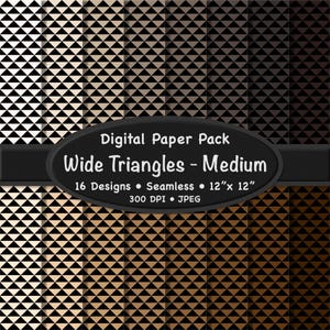 May include: A digital paper pack with 16 seamless designs of wide triangle patterns in shades of black, brown, and beige. The pack includes 12" x 12" digital papers at 300 DPI in JPEG format. The image text reads "Digital Paper Pack Wide Triangles - Medium".