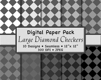 10 grandes patrones sin costuras de cuadros de diamantes monocromáticos: paquete de papel digital imprimible en escala de grises para scrapbooking, papelería y manualidades.