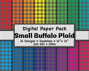 Bold Rainbow Buffalo Plaid Digital Paper Pack (Small 0.5") – 16 Gray and Bright Color Patterns for Scrapbooking, DIY Stationery & Crafts