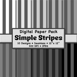 Może przedstawiać: Pakiet papieru cyfrowego z wzorami w paski w skali szarości. Obraz zawiera znak z napisem "Simple Stripes" oraz szczegóły dotyczące projektów, w tym rozmiar 30,48 cm x 30,48 cm.