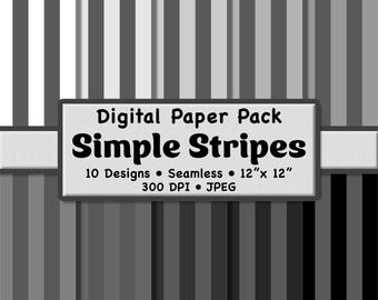 Paquete de papel digital de rayas grises gruesas (tamaño grande de 1 pulgada): 10 patrones monocromáticos neutros para scrapbooking digital, papelería y manualidades.