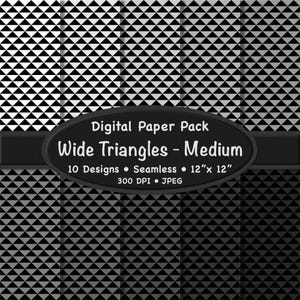 May include: A digital paper pack featuring ten seamless designs of wide triangles in black and white. The pack includes 12" x 12" (30.48 cm x 30.48 cm) patterns with 300 DPI resolution. The text on the image reads "Digital Paper Pack Wide Triangles - Medium".