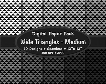 Paquete de papeles digitales con triángulos anchos monocromáticos (tamaño mediano): 10 patrones sin costuras en blanco y negro y escala de grises.