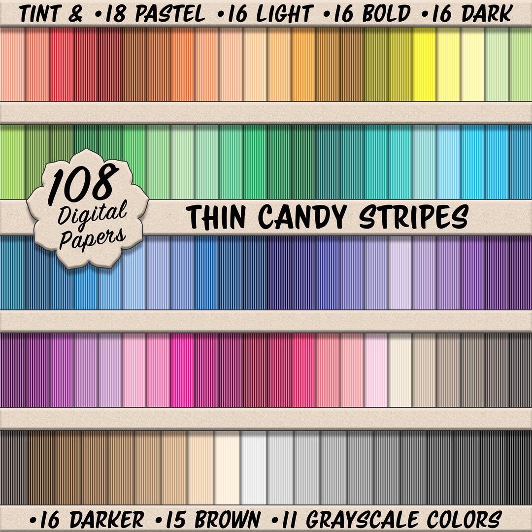 Thin Rainbow Tint Candy Stripes Digital Paper Pack (XS) – 108 Seamless ...