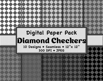 10 patrones sin costuras de rombos grises monocromáticos (medianos): paquete de papel digital en escala de grises para scrapbooking, papelería y manualidades.