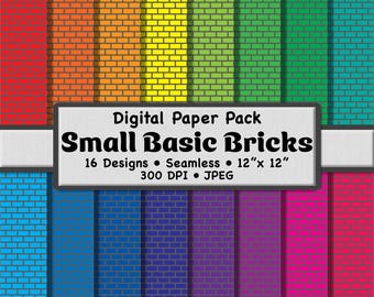 16 papeles digitales con pequeños ladrillos rectangulares de arcoíris llamativos: patrones sin costuras en colores brillantes y grises para scrapbooking, papelería y manualidades.