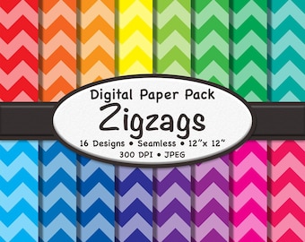 Pacote de papel digital Rainbow Zigzags (grande) – 16 fundos geométricos coloridos para scrapbooking, artesanato e design gráfico