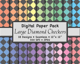 Paquete de 18 papeles digitales grandes de cuadros de diamantes pastel: patrones sin costuras en gris y colores suaves para scrapbooking, papelería y manualidades.