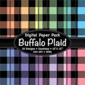 Buffalo Plaid Digitales Papier (groß) - 18er-Pack schwarze und pastellfarbene Checker Plaid Hintergründe für Scrapbooking, Bastelarbeiten, Design-Projekte