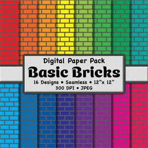 May include: A digital paper pack titled "Basic Bricks" featuring 16 seamless designs. The image showcases a variety of brick patterns in vibrant colors, including red, orange, yellow, green, blue, purple, and pink. Each design is 12" x 12".