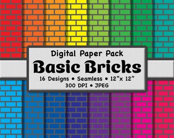 16 papeles digitales con ladrillos rectangulares básicos en colores arcoíris y grises: patrones coloridos sin costuras para scrapbooking, papelería y manualidades.