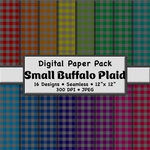 May include: Digital paper pack with 16 seamless small buffalo plaid designs in various colours. Patterns include red, orange, yellow, green, blue, purple, and pink. Each design is 30.48 cm x 30.48 cm and 300 DPI.