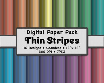 Thin Rainbow Stripes Digital Paper Pack (XS) – 16 Printable Gray and Light Color Patterns for Scrapbooking, DIY Stationery & Crafts