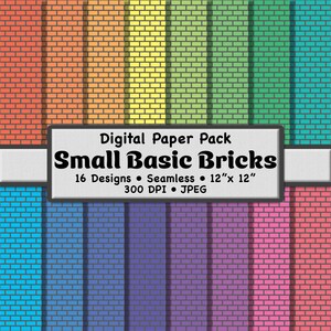 May include: A digital paper pack featuring 16 seamless designs of small brick patterns. The patterns are in various colors, including red, orange, yellow, green, blue, purple, and pink. Each design is 12" x 12" and has a resolution of 300 DPI.