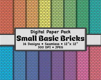Juego de 16 papel digital con pequeños ladrillos rectangulares de arcoíris claro: patrones sin costuras en gris y multicolor para scrapbooking, papelería y manualidades.