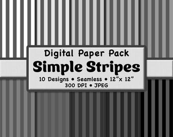 Monochrome Stripes Digital Paper Pack (Medium 1/2") – 10 Printable Grayscale Patterns for Scrapbooking, DIY Stationery & Crafts