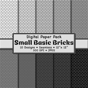 May include: Digital paper pack featuring ten seamless designs of small brick patterns in various shades of gray and black. The pack includes 12" x 12" (30.48 cm x 30.48 cm) digital papers with 300 DPI resolution in JPEG format.