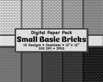 10 patrones sin costuras de pequeños ladrillos rectangulares monocromáticos en gris - Paquete de papel digital en escala de grises para scrapbooking, papelería y manualidades