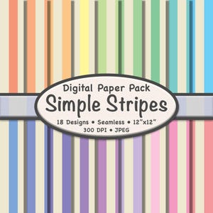 May include: Digital paper pack featuring a repeating pattern of vertical stripes in various pastel colors. The text "Simple Stripes" is displayed on an oval-shaped banner. The pack includes 18 designs, is seamless, and measures 12"x12".