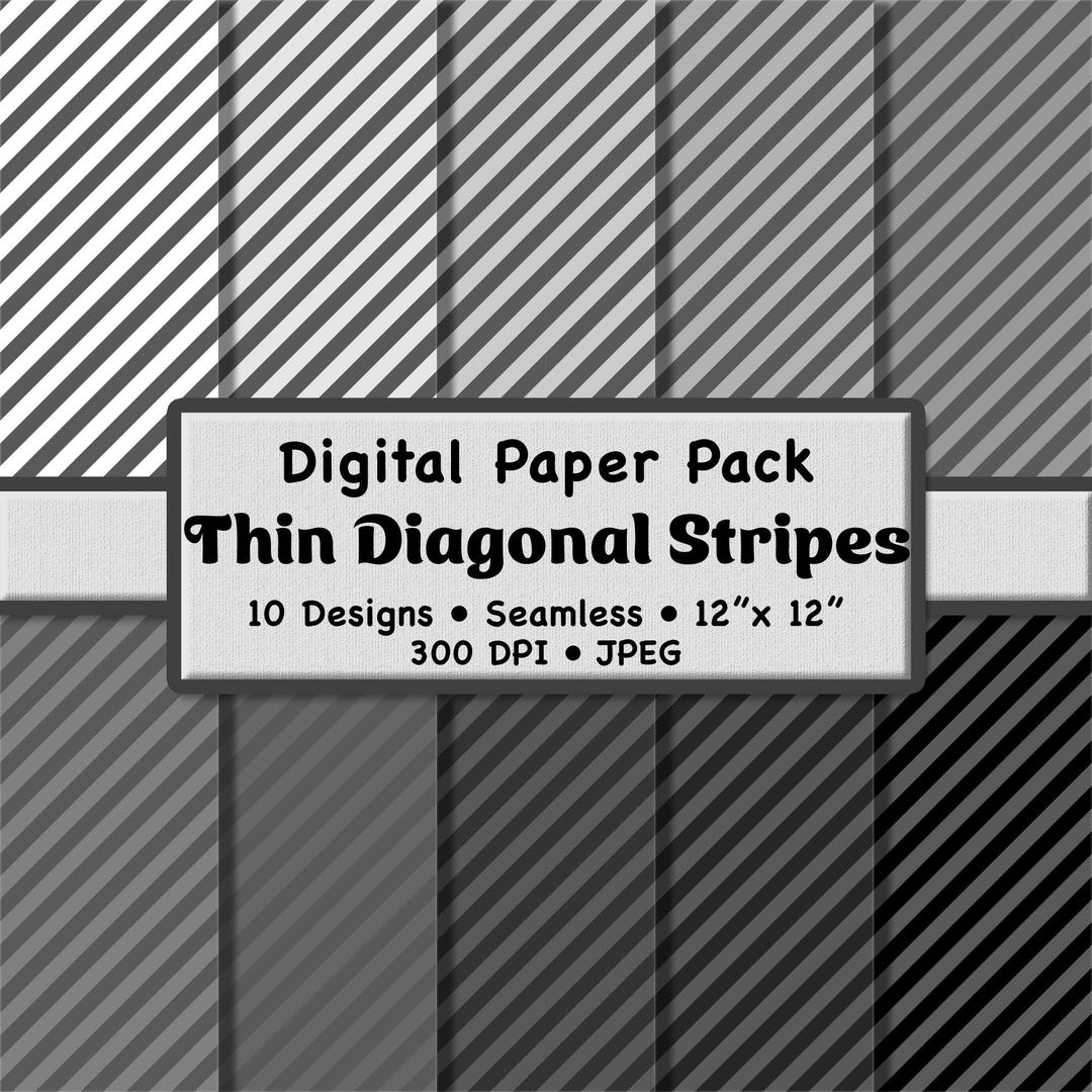 10 Monochrome Thin Diagonal Stripes Digital Paper Pack (small ...
