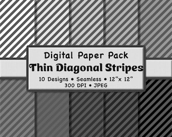10 Monochrome Thin Diagonal Stripes Digital Paper Pack (Small) – Grayscale Seamless Patterns for Scrapbooking, DIY Stationery & Crafting