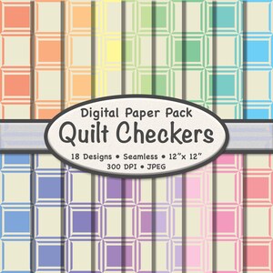Könnte beinhalten: Digitales Papierpaket mit farbenfrohen Quilt-Karomustern. Die Designs umfassen Quadrate in Orange-, Gelb-, Grün-, Blau-, Lila- und Rosatönen. Das Paket enthält 18 nahtlose Designs, jeweils 30,48 cm x 30,48 cm.