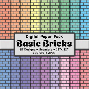 Puede incluir: Paquete de papel digital con diseños de ladrillos en varios colores, como naranja, verde, azul y rosa. El texto "Basic Bricks" se muestra en un rectángulo blanco, junto con detalles sobre los diseños, la continuidad y el tamaño (30,48 cm x 30,48 cm).
