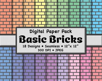 Paquete de 18 papeles digitales con ladrillos rectangulares básicos en tonos pastel y gris: patrones suaves y sin costuras para scrapbooking, papelería y manualidades.