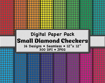 16 atrevidos patrones sin costuras de pequeños rombos grises y arcoíris: paquete de papel digital colorido para scrapbooking, papelería y manualidades.