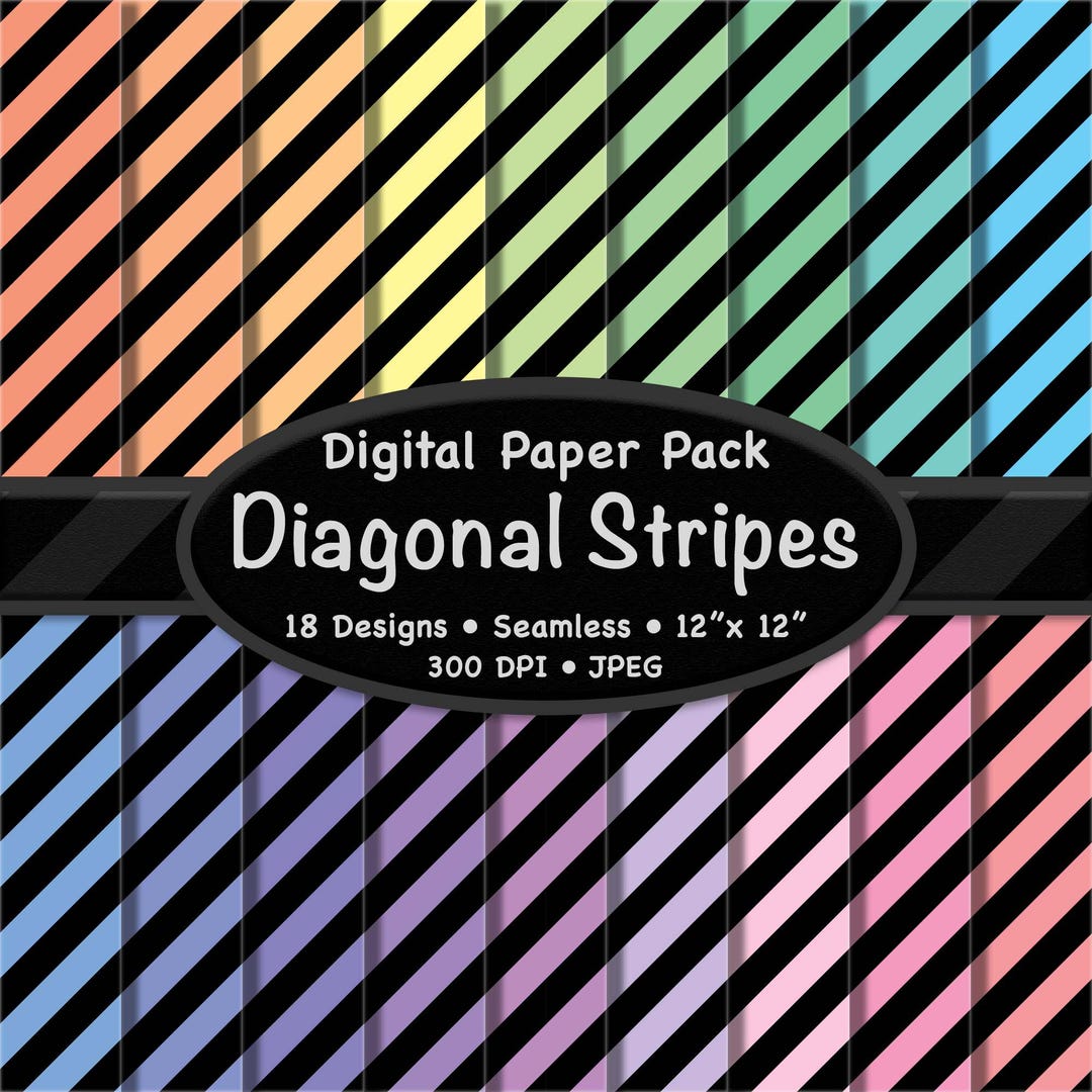 Pastel Diagonal Stripes Digital Paper Pack (medium) - 18 Black & Soft ...