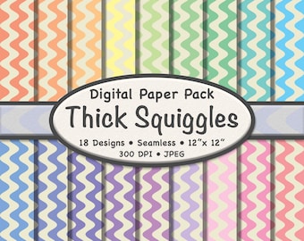 Paquete de papel digital Bold Squiggle (mediano): 18 patrones de líneas onduladas sin costuras en beige y pastel para scrapbooking, manualidades y diseño.