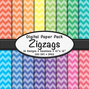 May include: A digital paper pack featuring sixteen seamless zigzag designs in various colors, including orange, yellow, green, and blue. The pack includes 12" x 12" digital papers at 300 DPI in JPEG format. The text "Digital Paper Pack Zigzags" is displayed.