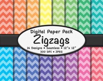 Pacote de papel digital Zigzags multicoloridos (médio) – 16 fundos com tons de arco-íris claros para scrapbooking, artesanato e design gráfico