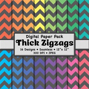 Op de afbeelding: Digitaal papierpakket met dikke zigzagpatronen in diverse kleuren, waaronder oranje, geel, groen en blauw, op een grijze achtergrond. Het pakket bevat 16 naadloze ontwerpen, elk 30,48 cm x 30,48 cm groot, met een resolutie van 300 DPI.