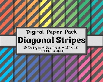 16 Gray and Light Rainbow Diagonal Stripes Digital Paper Pack (Medium) – Multicolor Patterns for Scrapbooking, DIY Stationery & Crafts