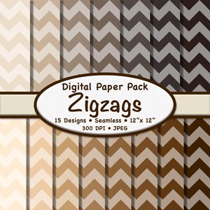 Puede incluir: Un paquete de papel digital con quince diseños de zigzag sin costuras en tonos marrones y beige. Los patrones miden 30,48 cm x 30,48 cm con una resolución de 300 DPI. El texto de la imagen dice "Digital Paper Pack Zigzags".