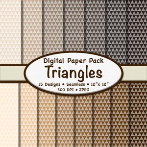 以下が含まれることがあります： 茶色とベージュの色合いの三角形模様が特徴のデジタルペーパーパック。15種類のシームレスデザインが含まれており、各デザインは30.48cm x 30.48cmです。画像には「Digital Paper Pack Triangles」というテキストも表示されています。