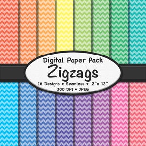 May include: A digital paper pack featuring sixteen seamless zigzag designs in various colors, including red, orange, yellow, green, blue, purple, and pink. Each design is 12" x 12" and has a resolution of 300 DPI. The pack is labeled "Zigzags".