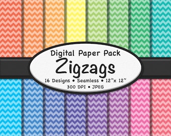 Pacote de papel digital Rainbow Zigzags (pequeno) – 16 padrões de cores claras e matizes para scrapbooking, artesanato e design gráfico