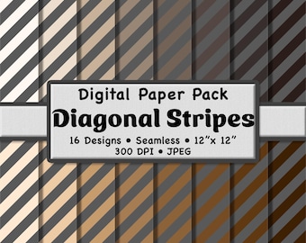 Neutral Color Diagonal Stripes Digital Paper Pack (Medium) – 16 Gray and Brown Seamless Patterns for Scrapbooking, DIY Stationery & Crafts