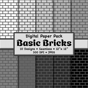 May include: Digital paper pack showcasing a range of grayscale brick patterns. The image displays the text "Digital Paper Pack Basic Bricks", along with information about the designs, seamlessness, size (30.48 cm x 30.48 cm), resolution (300 DPI), and file type (JPEG).