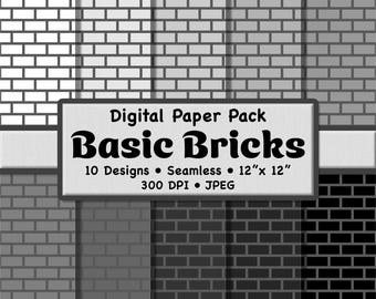 10 patrones sin costuras de ladrillos rectangulares básicos monocromáticos en gris - Paquete de papel digital en escala de grises para scrapbooking, papelería y manualidades