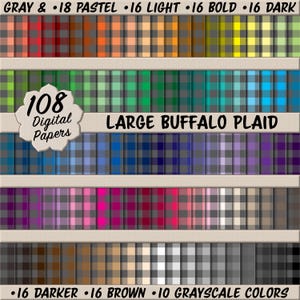 Puede incluir: Un conjunto de papeles digitales con 108 patrones de cuadros de búfalo grandes en varios colores. La imagen muestra una cuadrícula de diseños de cuadros en tonos pastel, claros, intensos y oscuros, incluyendo opciones de gris, marrón y escala de grises. El texto en la imagen dice "Large Buffalo Plaid".