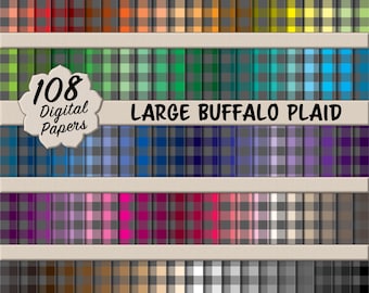 Paquete de 108 papeles digitales de cuadros escoceses lisos (grandes, 3,8 cm): patrones multicolores sin costuras para scrapbooking, papelería DIY y manualidades.