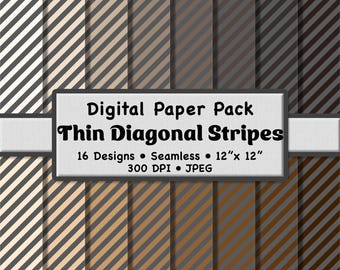 Neutral Color Thin Diagonal Stripes Digital Paper Pack (Small) – 16 Gray and Brown Patterns for Scrapbooking, DIY Stationery & Crafts