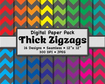 Paquete de 16 papeles digitales con rayas gruesas en zigzag de colores vibrantes: patrones sin costuras en arcoíris brillante y gris para scrapbooking, papelería y manualidades.